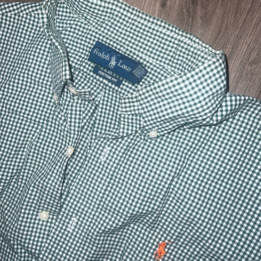 Polo button up dress shirt size large custom fit checker pattern orange logo